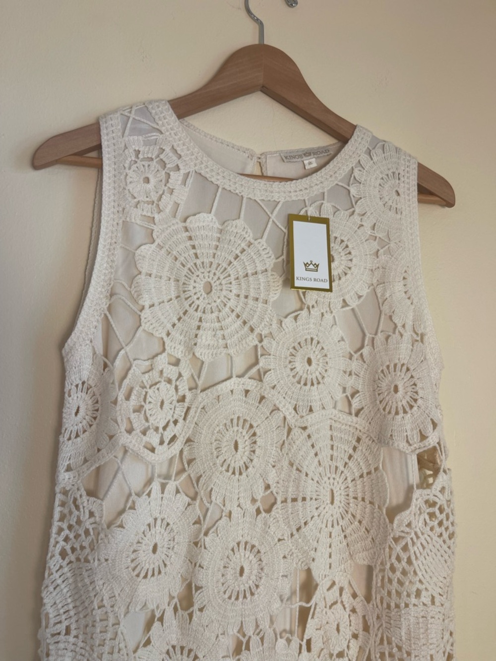 Boho Ivory Crochet Lace Shift Dress XL Lined Open Knit Coastal Wedding Guest - Picture 3 of 14
